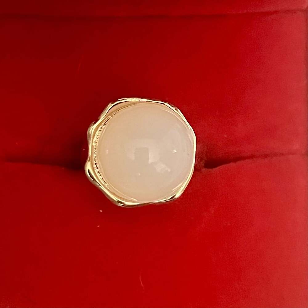 Gold-Tone White Cabochon Stone Open Ring Size 6